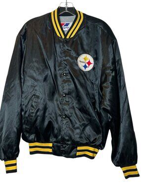 Pittsburgh Steelers Vintage Swingster Satin Bomber Jacket Black USA Mens L Logo